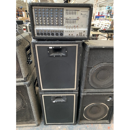 695 - Three items, two pairs of PA speakers and one Phonic power pod 740 powered mixer