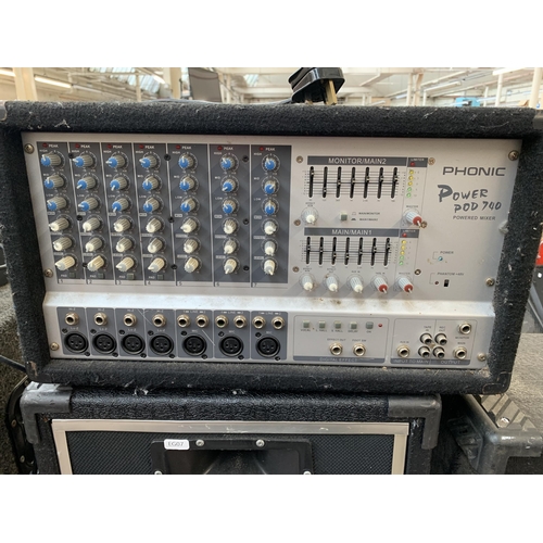 695 - Three items, two pairs of PA speakers and one Phonic power pod 740 powered mixer