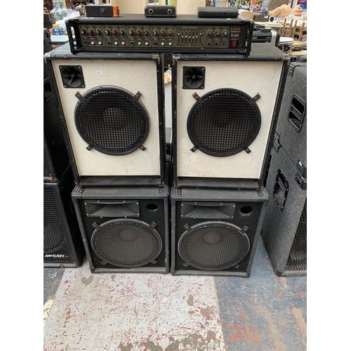 697 - A collection PA items to include two pairs of speakers, HH electronic K150 four-channel mixer amp, S... 