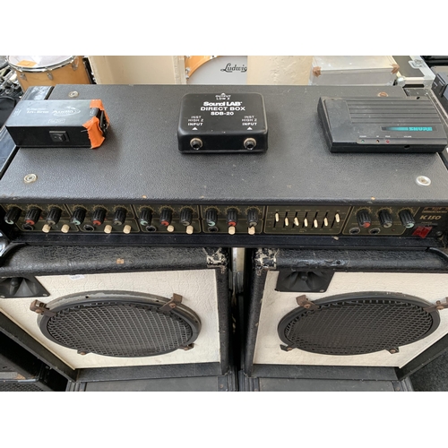 697 - A collection PA items to include two pairs of speakers, HH electronic K150 four-channel mixer amp, S... 