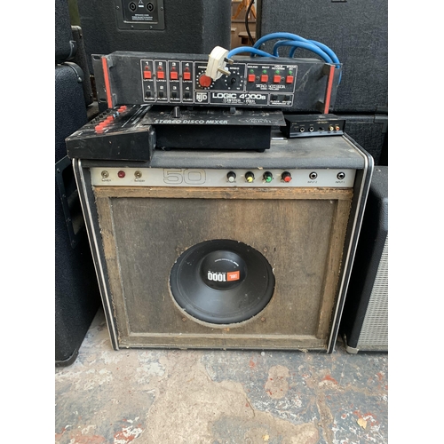 704 - Four items, one vintage valve guitar amplifier fitted with JBL GT4-12 speaker, one MJD Logik 4000S l... 