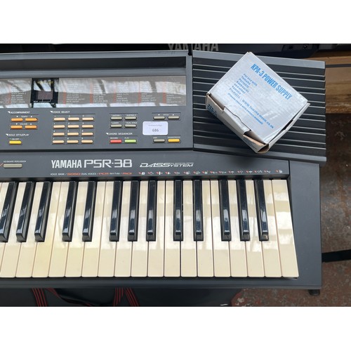 686 - A cased Yamaha PSR-38 electronic home keyboard with stand, boxed KPA-3 power supply and instruction ... 