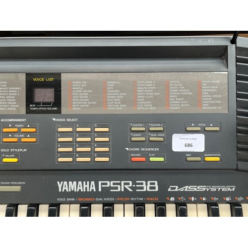 686 - A cased Yamaha PSR-38 electronic home keyboard with stand, boxed KPA-3 power supply and instruction ... 