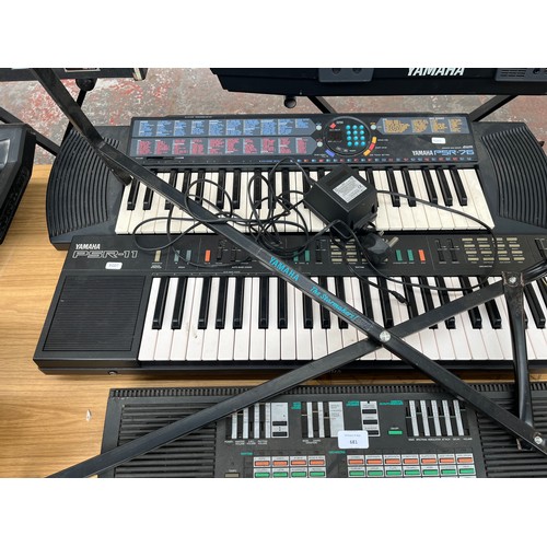 681 - Three Yamaha portable electronic keyboards, one PSR-76, one PSR-11 and one PortaSound PSS-470 with s... 