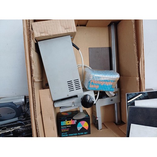 588 - A collection of photography equipment to include boxed Krokus 35 enlarger, boxed Hitachi DVD camcord... 