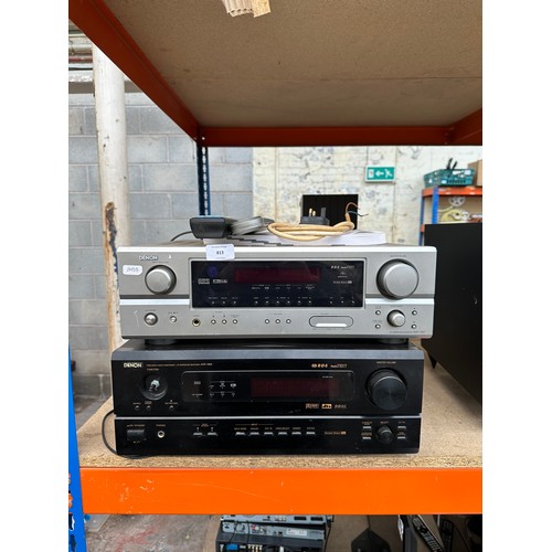 813 - Two Denon AV surround receivers with remote controls, one AVR-1507 and one AVR-1800