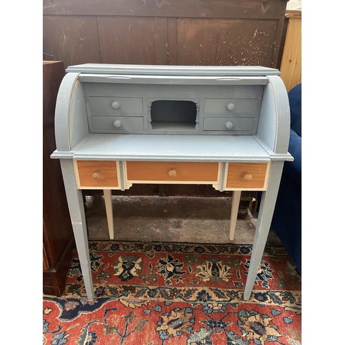 75 - A modern blue painted pine roll top desk - approx. 94cm high x 77cm wide x 48cm deep