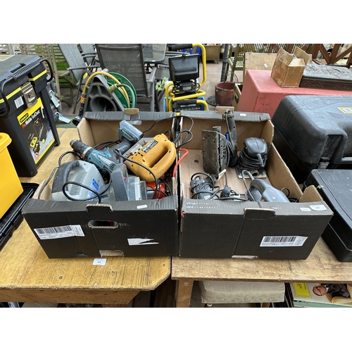 849 - Two boxes of power tools to include P Performance sander, Makita cordless drill and Einhell jigsaw e... 