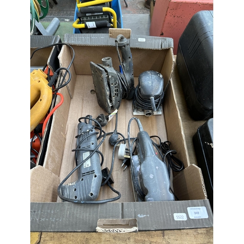 849 - Two boxes of power tools to include P Performance sander, Makita cordless drill and Einhell jigsaw e... 