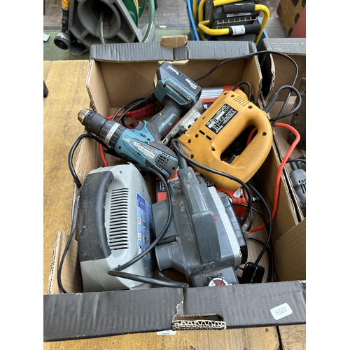 849 - Two boxes of power tools to include P Performance sander, Makita cordless drill and Einhell jigsaw e... 