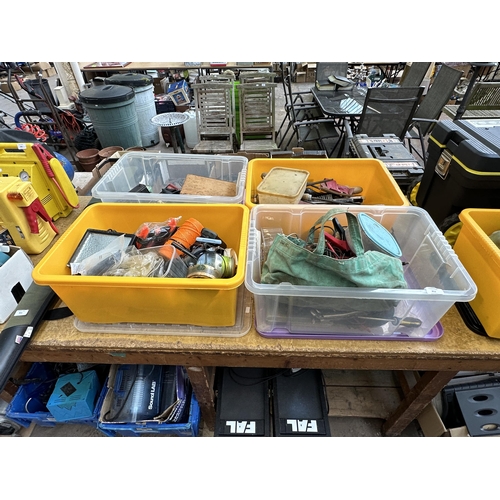 852 - Four boxes containing various tools and fishing tackle to include Black & Decker KS226 circular saw,... 