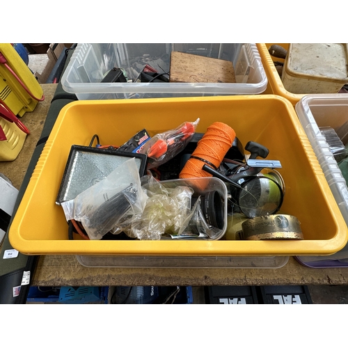 852 - Four boxes containing various tools and fishing tackle to include Black & Decker KS226 circular saw,... 