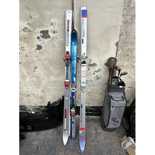 790 - Three sets of skiis, one Kneissl Sportflex Red Star, one Dynastar Median Gt and one Saphir Rossignol