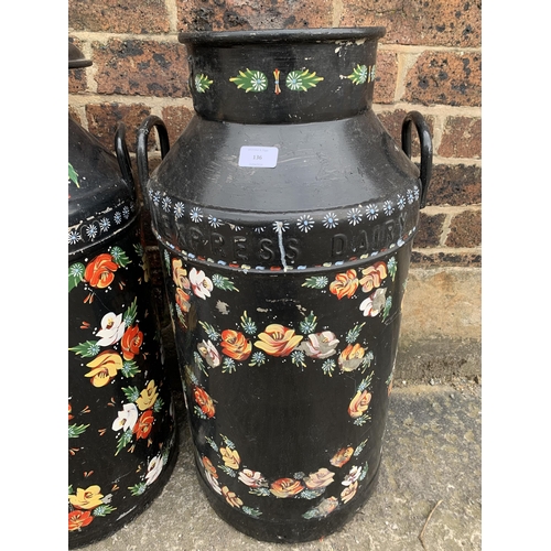 136 - Two early 20th century hand painted bargeware galvanised milk churns - approx. 72cm high