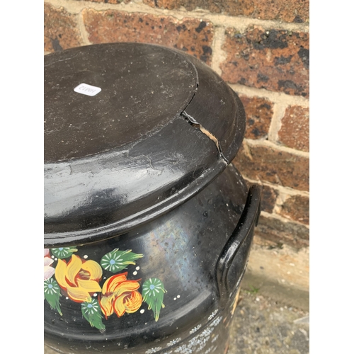 136 - Two early 20th century hand painted bargeware galvanised milk churns - approx. 72cm high