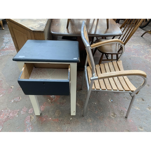 91 - Two pieces of furniture, one blue and white painted single drawer side table and one oak and metal b... 