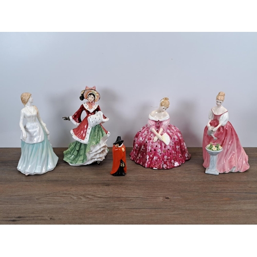 291 - Five Royal Doulton figurines, Wintertime HN 3622, Milk Maid HN 4305, Guy Fawkes HN 3271, Victoria HN... 