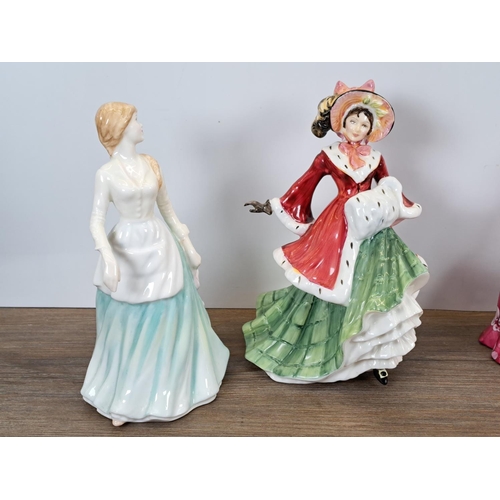 291 - Five Royal Doulton figurines, Wintertime HN 3622, Milk Maid HN 4305, Guy Fawkes HN 3271, Victoria HN... 