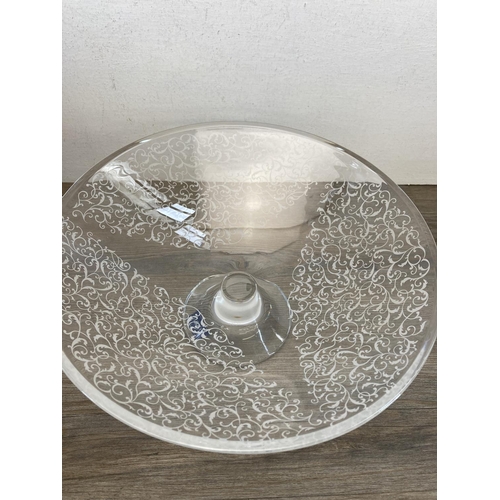 301 - A boxed Mikasa Taffetas glass circular footed bowl - approx. 36cm diameter