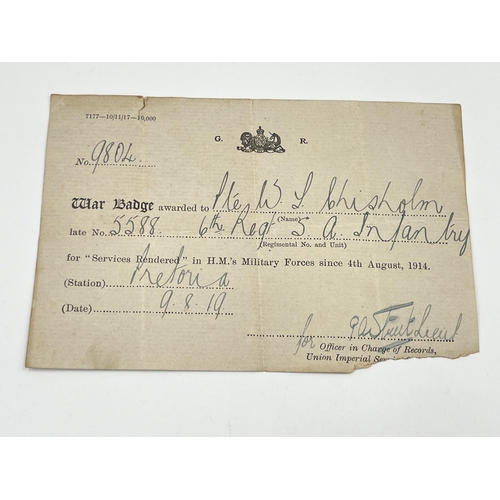 2029 - Three WWI South African items presented to 5588 Pte. W. T. Chrisholm 6th S.A.I., one medal pair and ... 