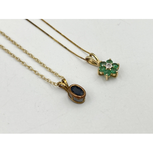 2243 - Two 9ct gold gemstone set pendant necklaces, one emerald and one sapphire - approx. gross weight 2.1... 