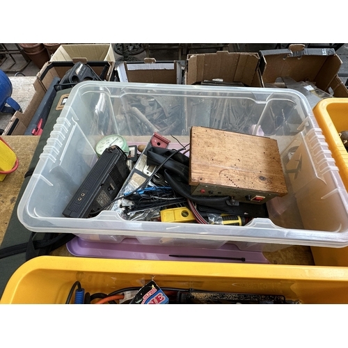 852 - Four boxes containing various tools and fishing tackle to include Black & Decker KS226 circular saw,... 