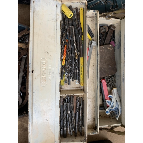 858 - Five metal tool boxes containing various hand tools