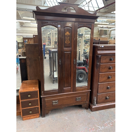 195 - An Edwardian inlaid mahogany double mirror door wardrobe - approx. 212cm high x 107cm wide x 46cm de... 