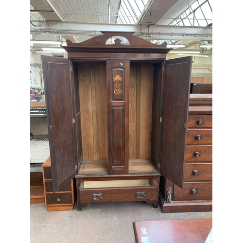 195 - An Edwardian inlaid mahogany double mirror door wardrobe - approx. 212cm high x 107cm wide x 46cm de... 