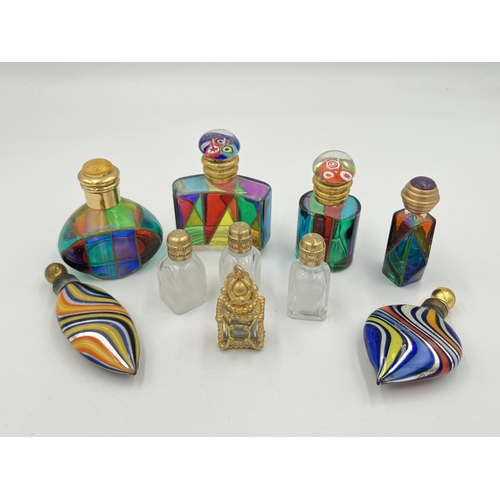 2025 - Ten art glass scent bottles to include millefiori, French etc.