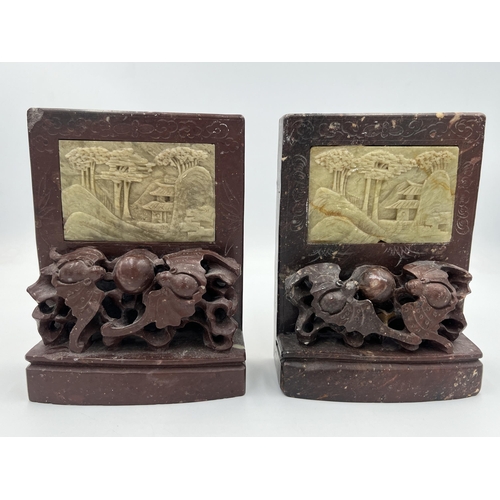 2028 - A pair of Chinese carved soapstone bookends - approx. 14cm high x 10cm wide