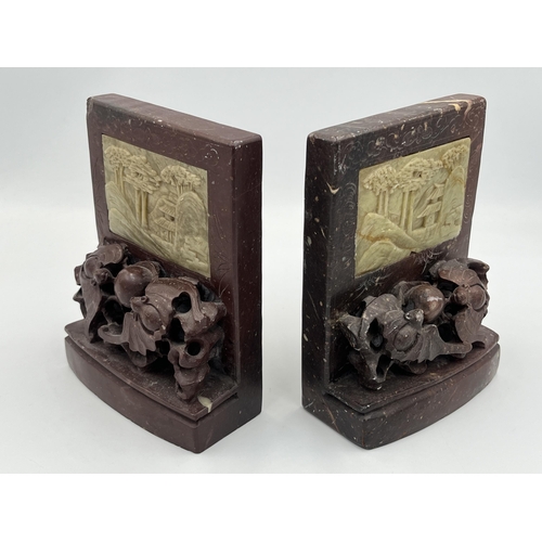 2028 - A pair of Chinese carved soapstone bookends - approx. 14cm high x 10cm wide