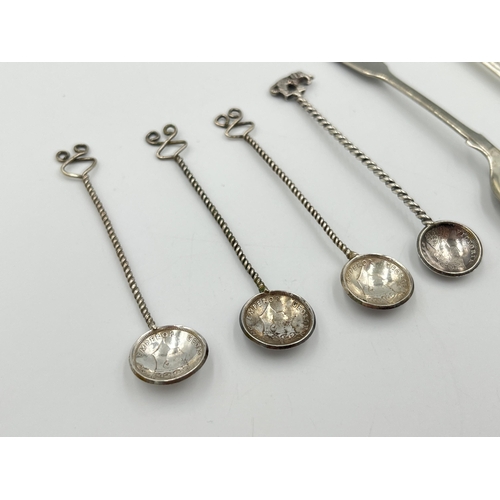 2046 - Six continental silver and white metal spoons to include one Egyptian silver with birds head design,... 