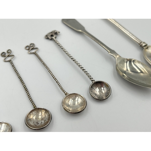 2046 - Six continental silver and white metal spoons to include one Egyptian silver with birds head design,... 