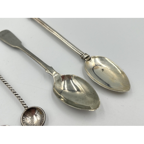 2046 - Six continental silver and white metal spoons to include one Egyptian silver with birds head design,... 