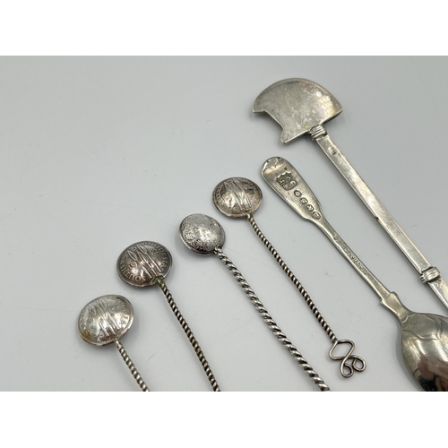 2046 - Six continental silver and white metal spoons to include one Egyptian silver with birds head design,... 