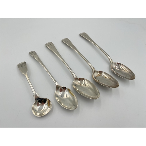 2047 - Five hallmarked sterling silver spoons, four George III Lister & Sons and one Sheffield W. S. Savage... 