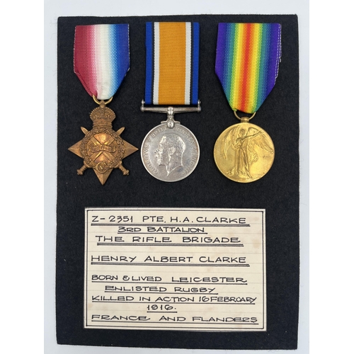 2051 - A WWI British medal trio presented to Z-2351 Pte. H.A. Clarke Rif. Brig. who was killed in action on... 