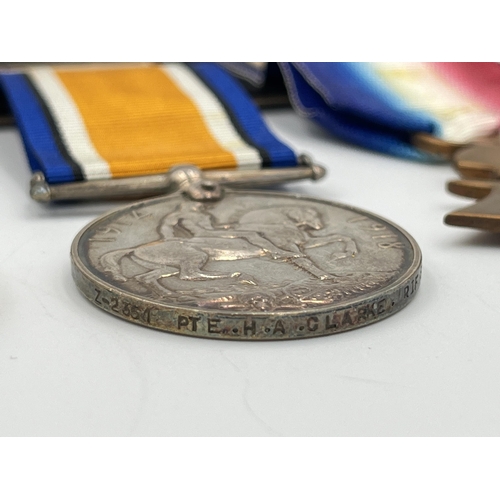 2051 - A WWI British medal trio presented to Z-2351 Pte. H.A. Clarke Rif. Brig. who was killed in action on... 