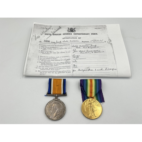 2052 - A WWI South African medal pair presented to A/Sjt. N.A. Jessop 2nd S.A.I. with printouts of associat... 