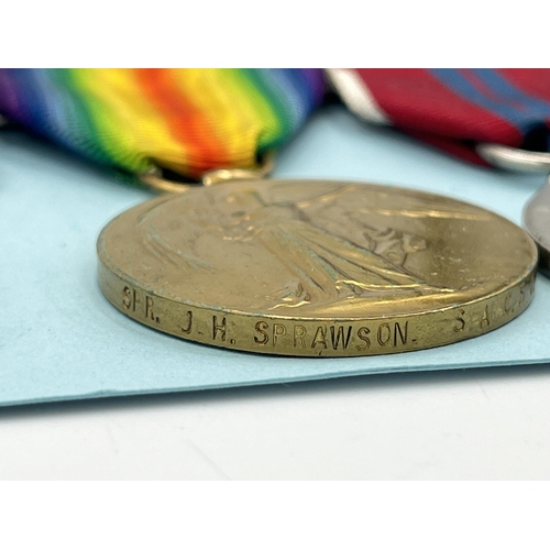 2053 - A WWI South African medal trio presented to Spr. J.H. Sprawson S.A.C.S.C. R.E. with printout of asso... 