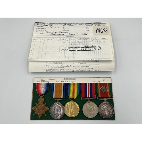 2054 - A WWI and WWII South African medal trio and pair presented to Pte. A. McPherson 3rd S.A.I. Bgde. wit... 