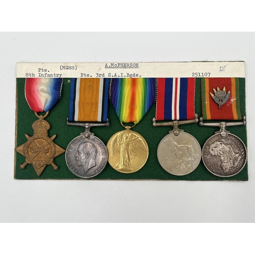 2054 - A WWI and WWII South African medal trio and pair presented to Pte. A. McPherson 3rd S.A.I. Bgde. wit... 