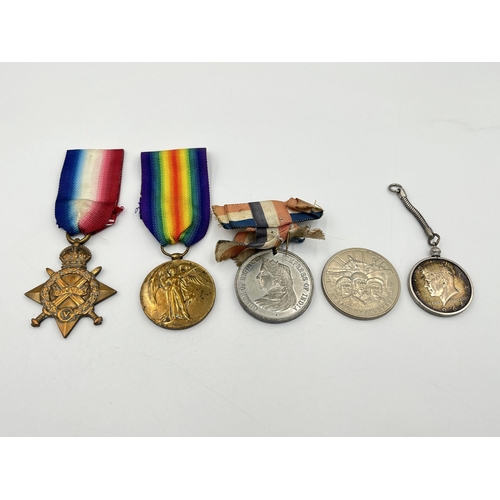 2058 - Five items, two WWI medals, one Victorian 1887 Queen Victoria Jubilee medal, one 1997 Liberation of ... 