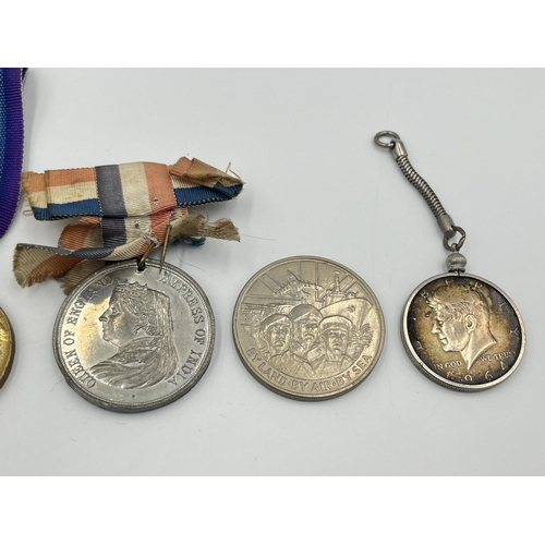 2058 - Five items, two WWI medals, one Victorian 1887 Queen Victoria Jubilee medal, one 1997 Liberation of ... 