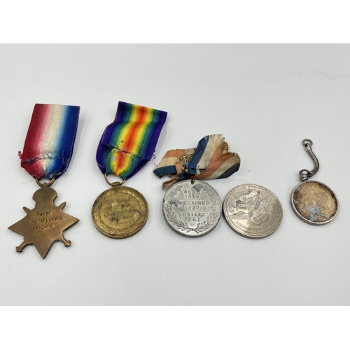 2058 - Five items, two WWI medals, one Victorian 1887 Queen Victoria Jubilee medal, one 1997 Liberation of ... 