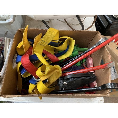 951 - A box containing various tools to include crowbars, air compressor, safety harness etc