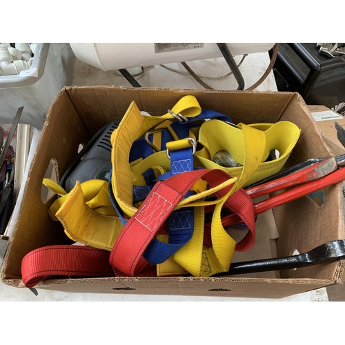 951 - A box containing various tools to include crowbars, air compressor, safety harness etc