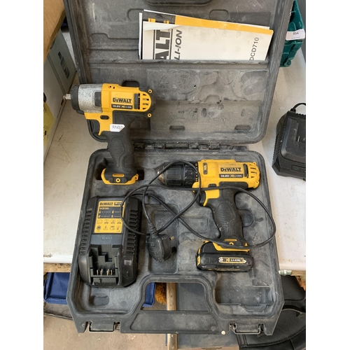 955 - Two DeWalt power tools, one cased 10.8V DCD710 combi drill and one DCF813 impact driver with one bat... 