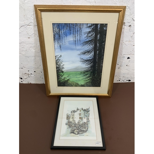 653 - Two framed pictures, one watercolour of landscape scene signed lower right and one J. Shaw Robin Hoo... 